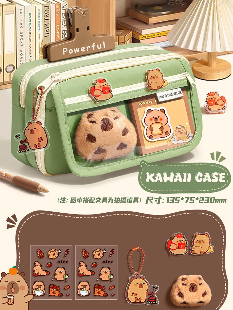 Green fabric pencil case with zipper, animal patches, and panda plush front window