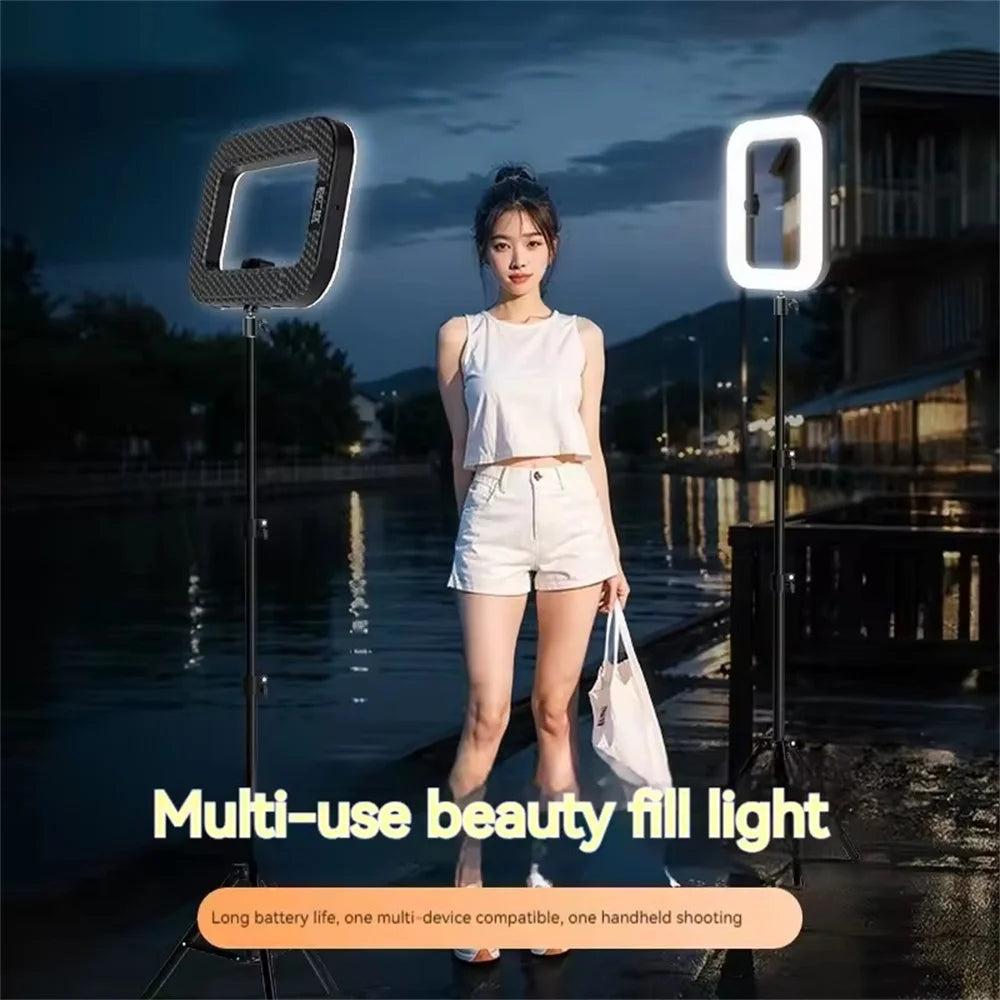 Outdoor-ready multi-use ring LED fill light with adjustable stands