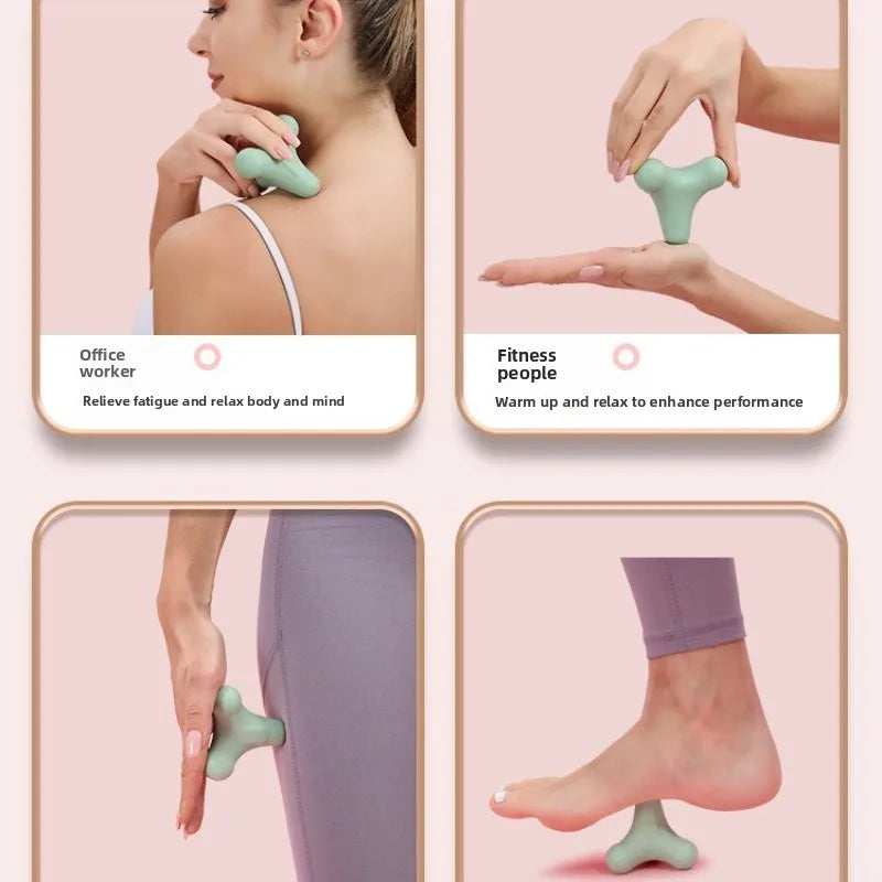 Green massage fascia ball used on shoulder, leg, and foot in a four-panel guide