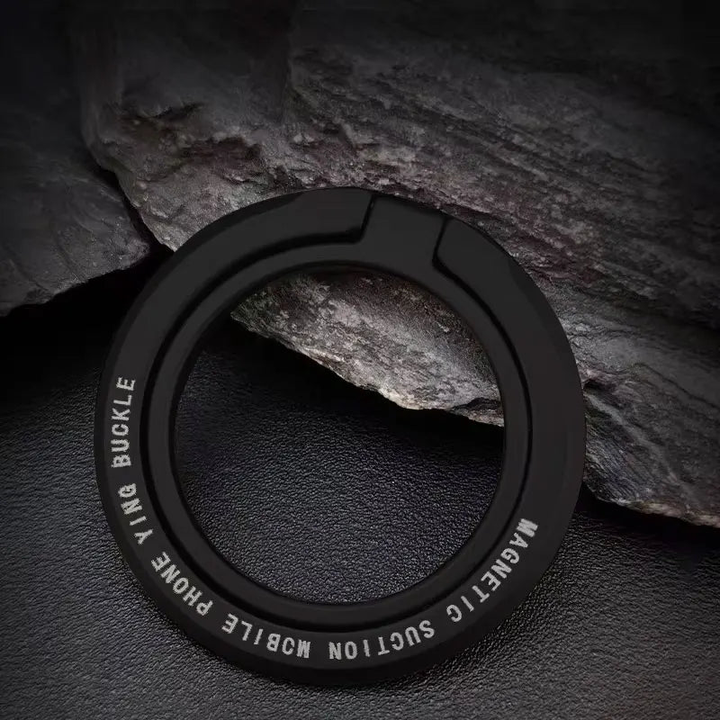 Black magnetic phone ring holder with circular finger loop base