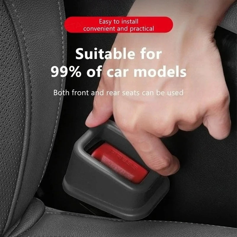 Black seat belt buckle slot protective cover being installed on car seat