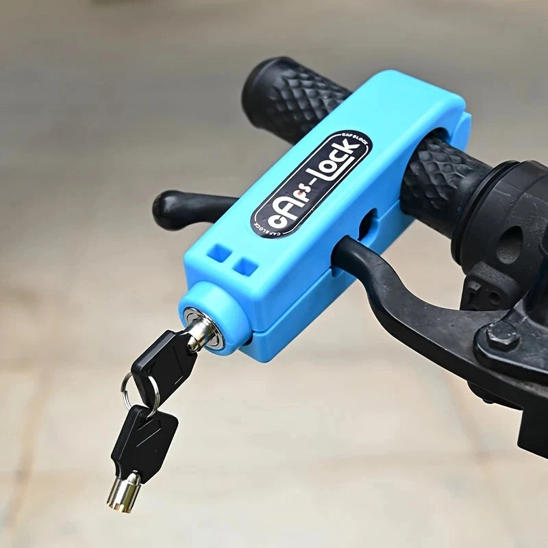 Blue anti-theft handlebar grip lock with two keys and locking clamp
