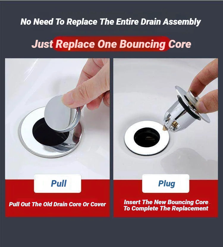 Chrome pop-up drain stopper replacement core, shown being pulled and plugged in