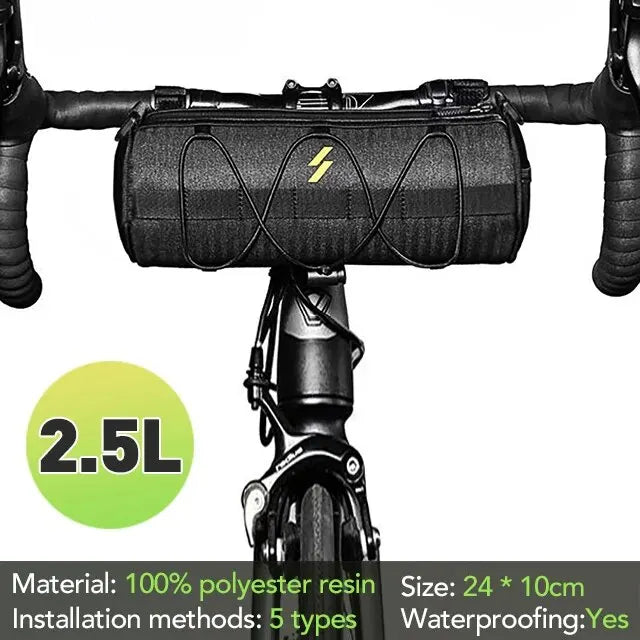 Black handlebar bicycle pannier bag centered on handlebars with secure mounting straps