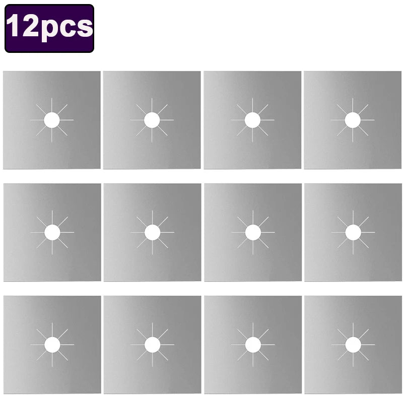 Set of 12 reusable stove protector pads, light gray square liners with burner icons