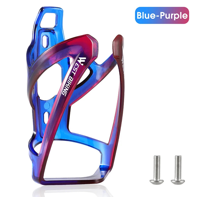 Blue-purple gradient bicycle water bottle cage with mounting screws, ultralight bike holder