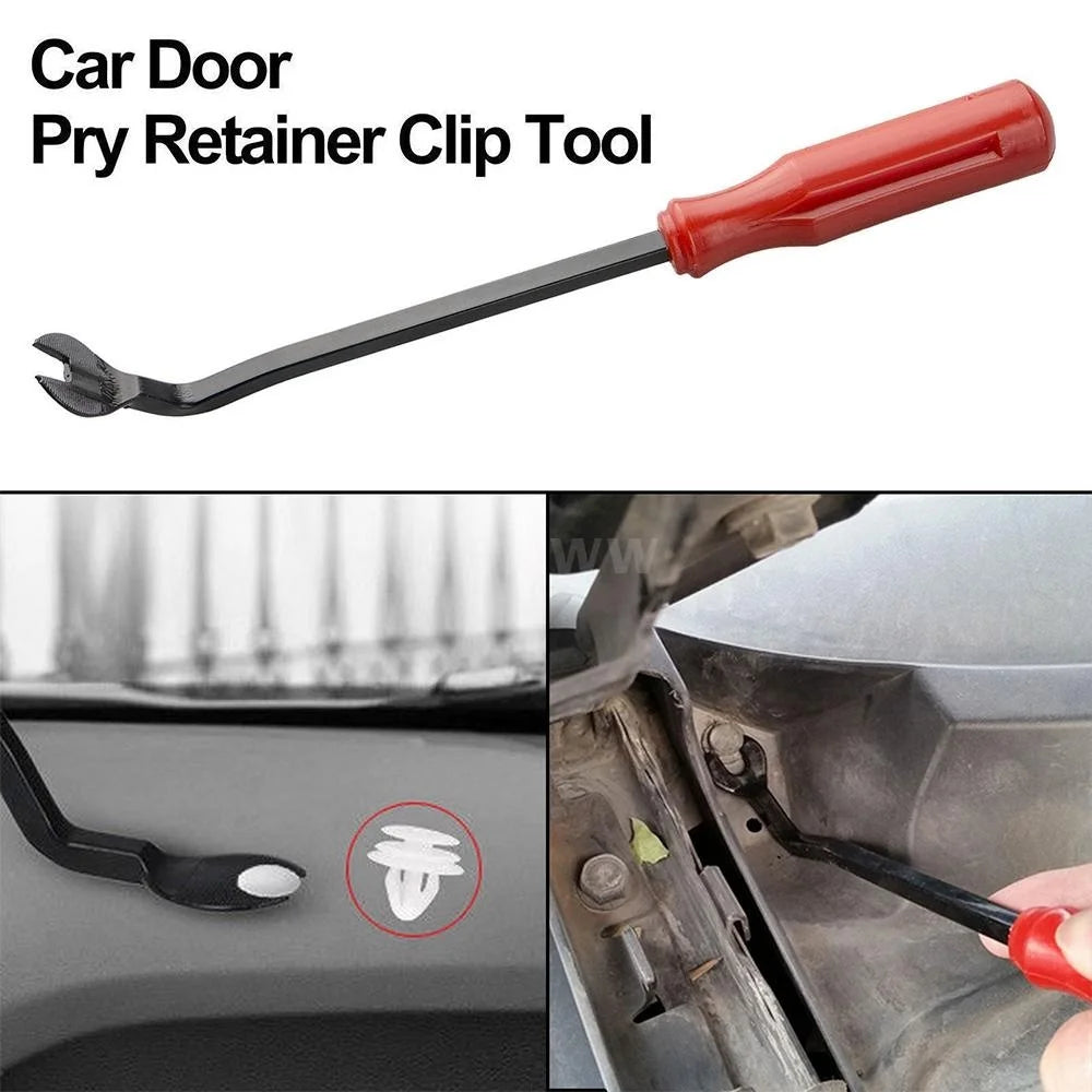 Car door pry retainer clip tool, long metal pry bar with red handle