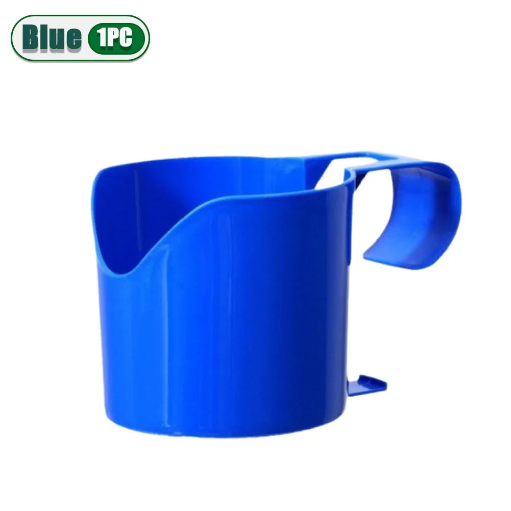 Blue plastic pool organizer holder (1 piece) with curved cup and ground stake