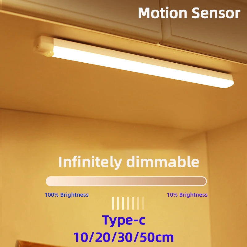 Motion sensor LED strip night light mounted on a ceiling, bright glowing bar