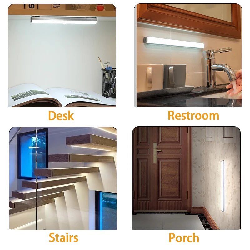 Wireless LED night light bar, wall-mounted in multiple room locations