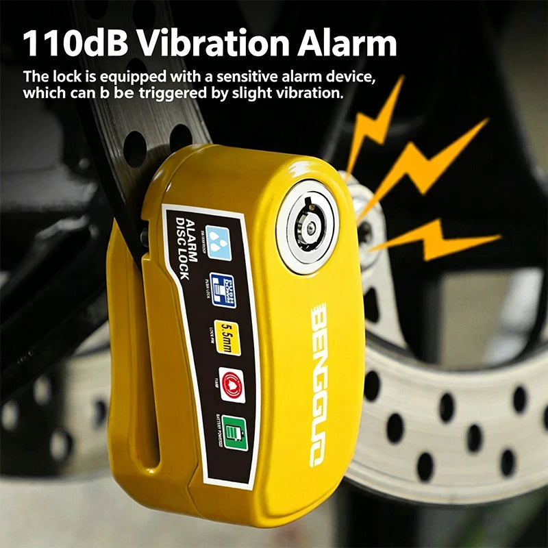 Yellow disc brake alarm lock with vibration alarm panel and chrome lock cylinder
