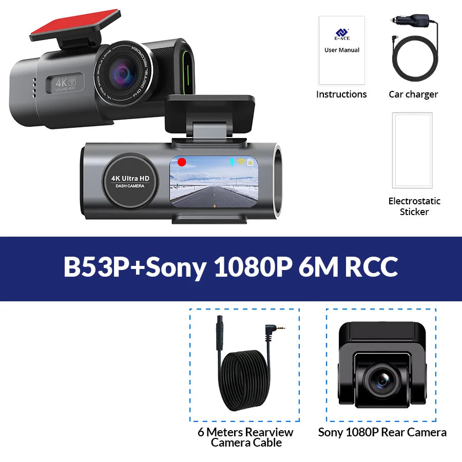 Dash cam kit with rear camera module and 6m cable, plus charger and manual