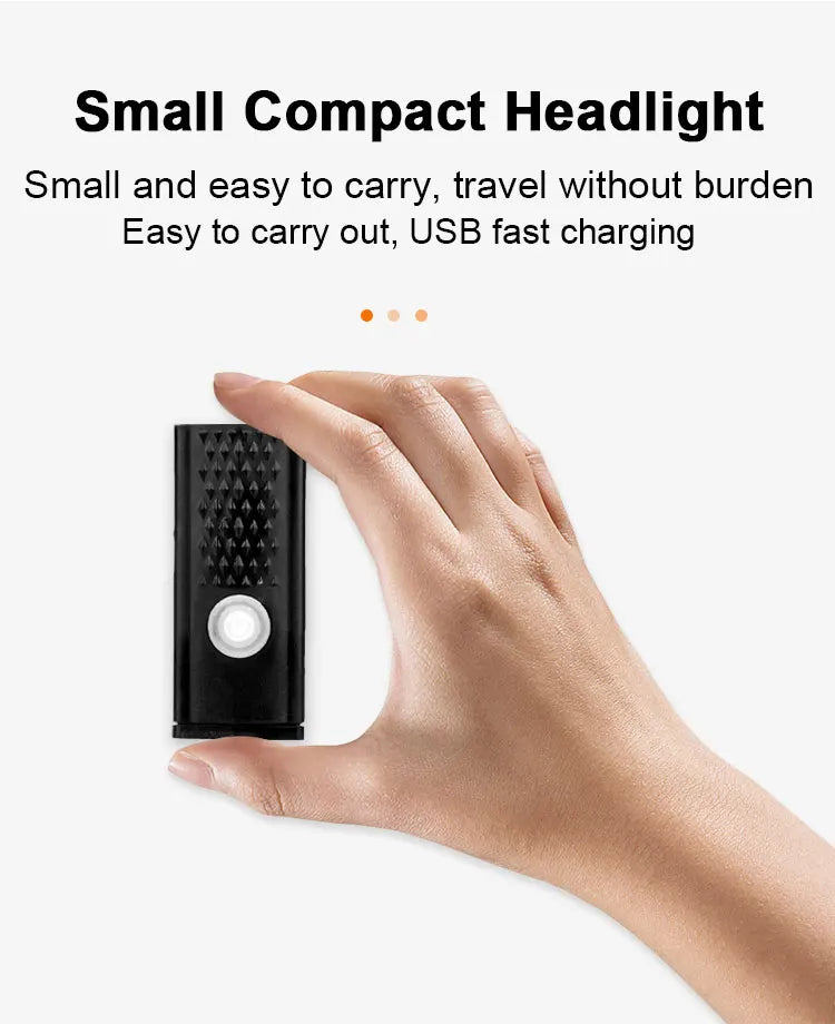 Compact USB rechargeable bike headlight, black body with clear front lens, handheld