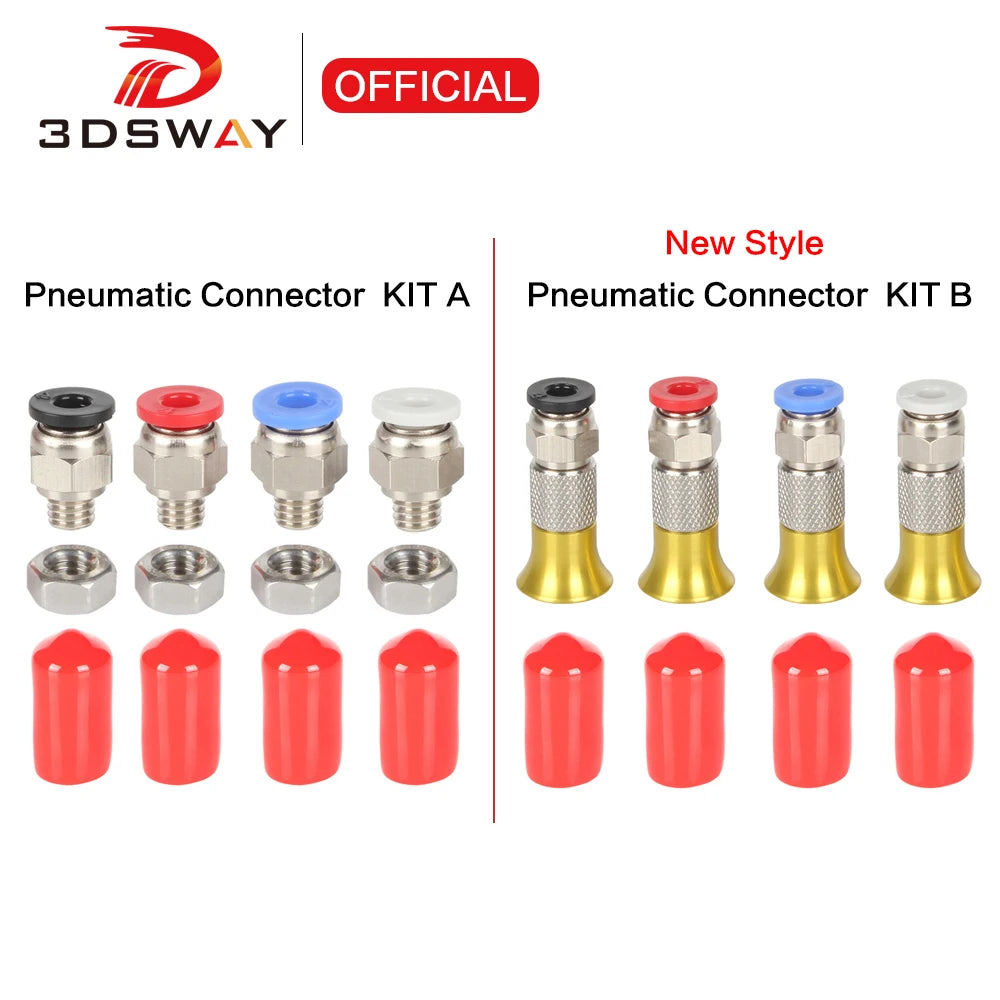 Pneumatic connector kit with metal couplers, red caps, and PTFE tube connector fittings