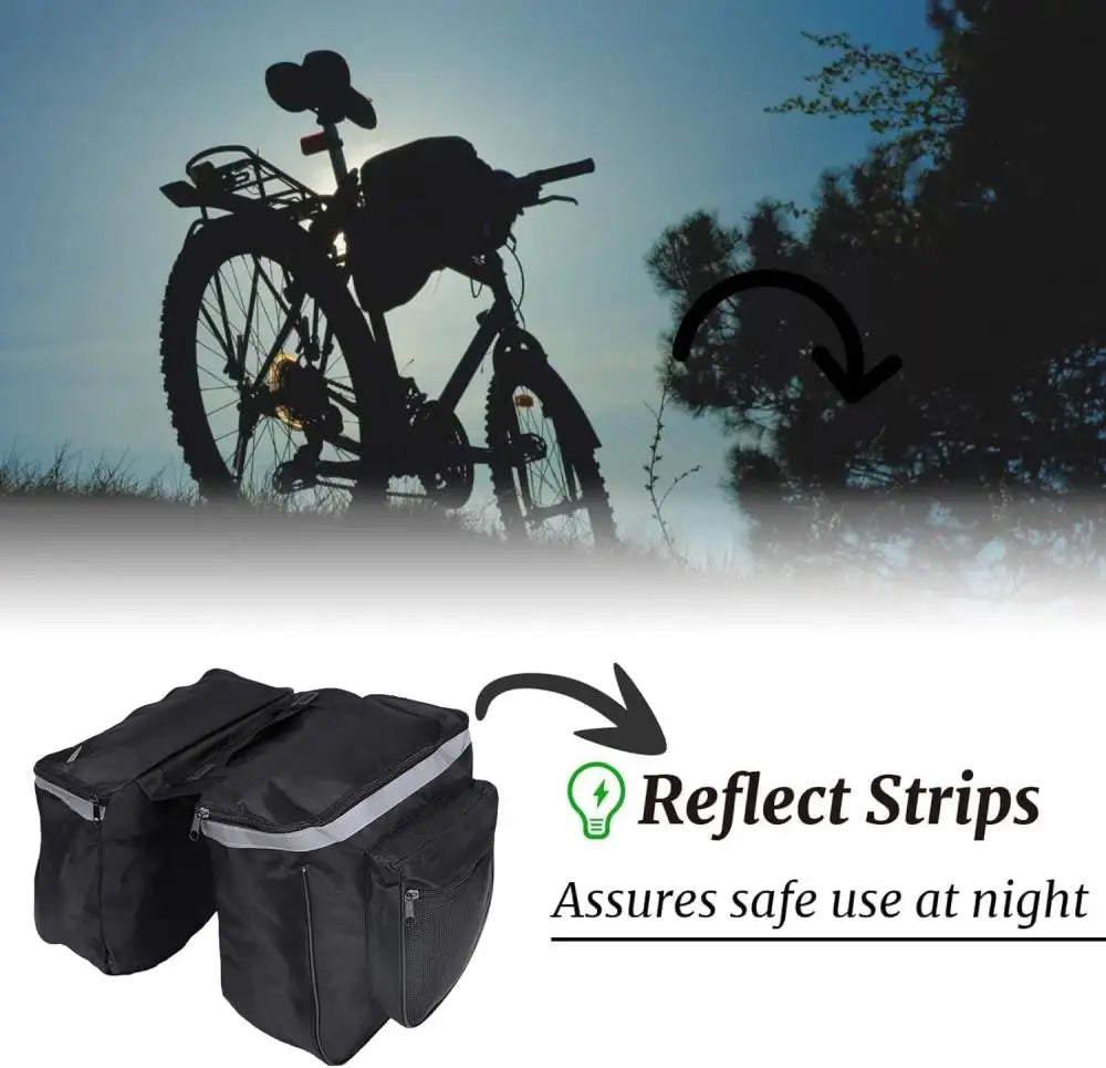 Black bicycle rear seat double pannier bag with reflective strips for safer night riding