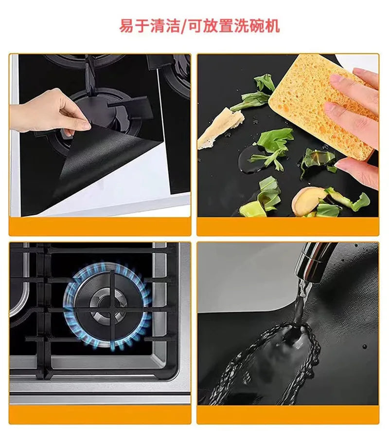 Black stove protector pad liners for quick cleaning, shown on cooktop with water spray