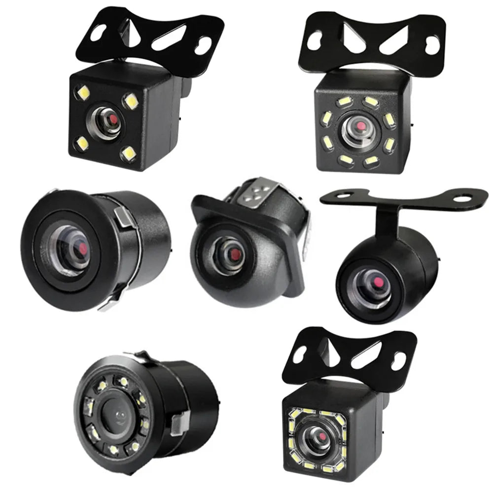 Car rear view camera set with black mounting brackets and connected wiring
