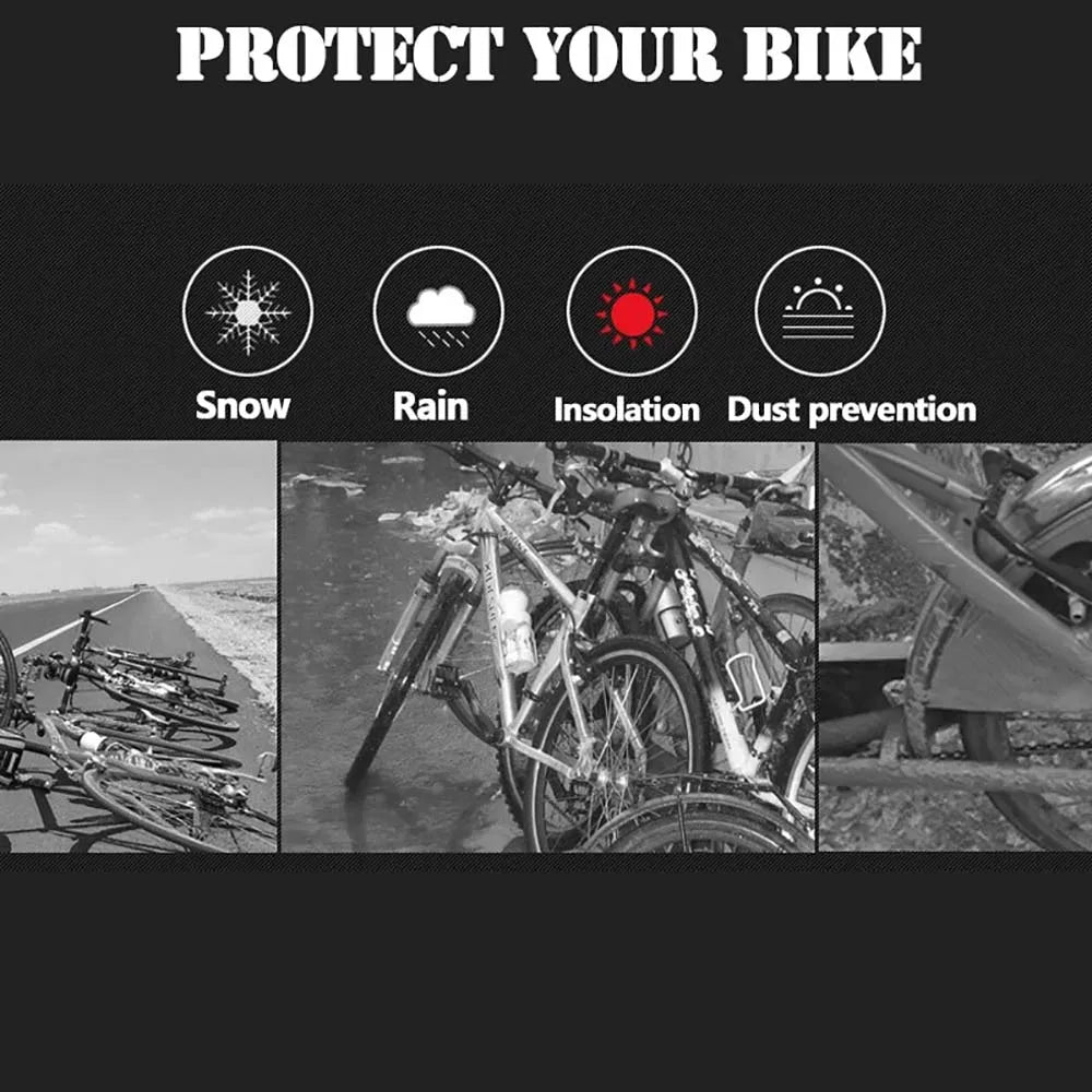 Waterproof bicycle cover showing snow, rain, insulation, and dust-prevention icons