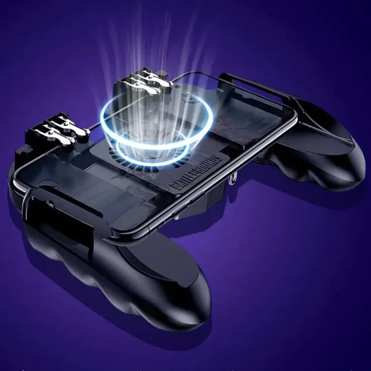 Black mobile phone gamepad controller with cooling fan and phone clamp, angled view