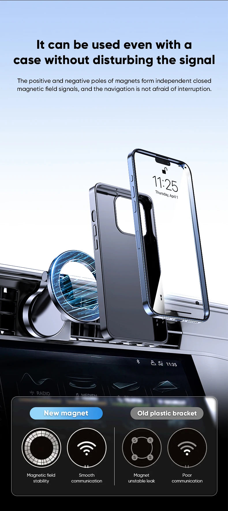 Car phone holder with magnetic ring clamping a phone, black mount