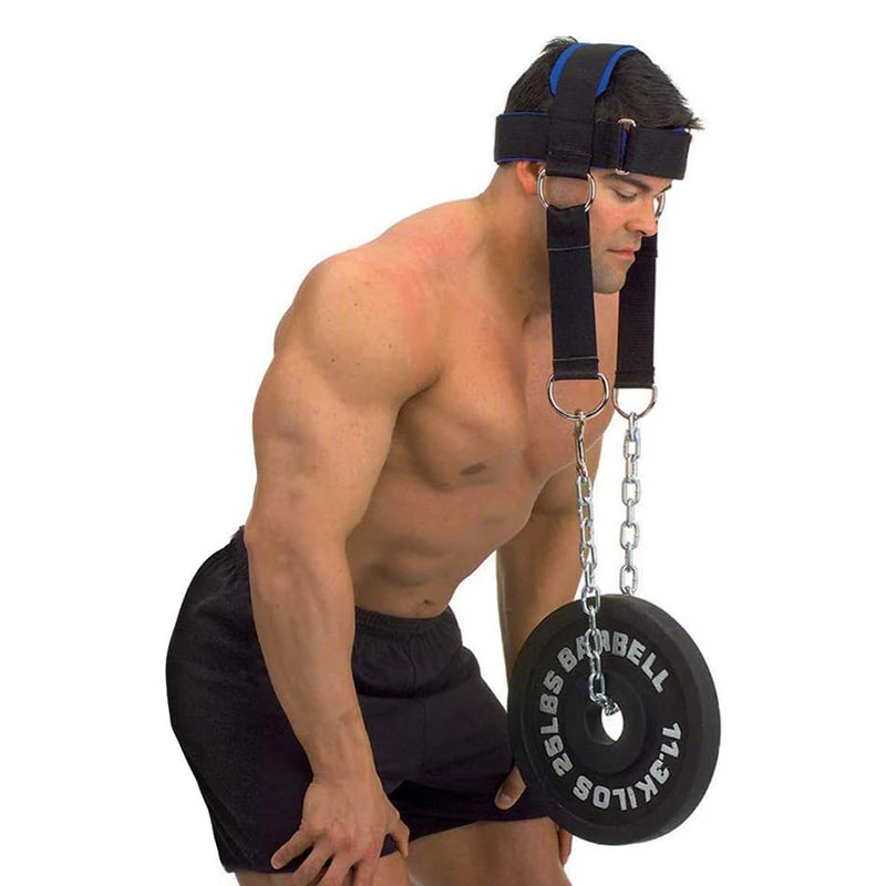 Adjustable black head and neck training harness with chains and weight plate