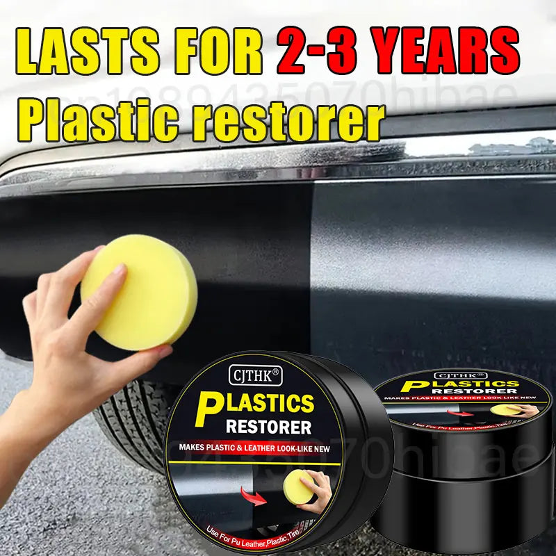 Car plastic restorer jar with label and yellow foam applicator pad