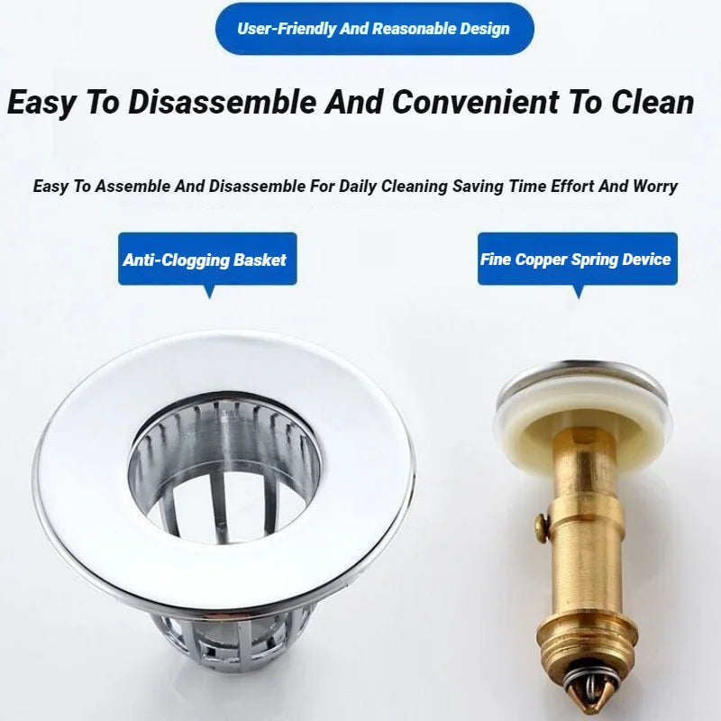 Chrome drain stopper cover with anti-clog basket and copper spring inner part