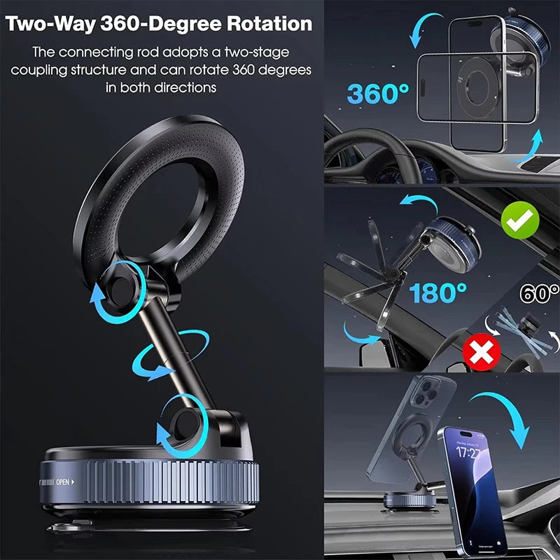 Two-way 360° magnetic phone holder with adjustable rod and textured base