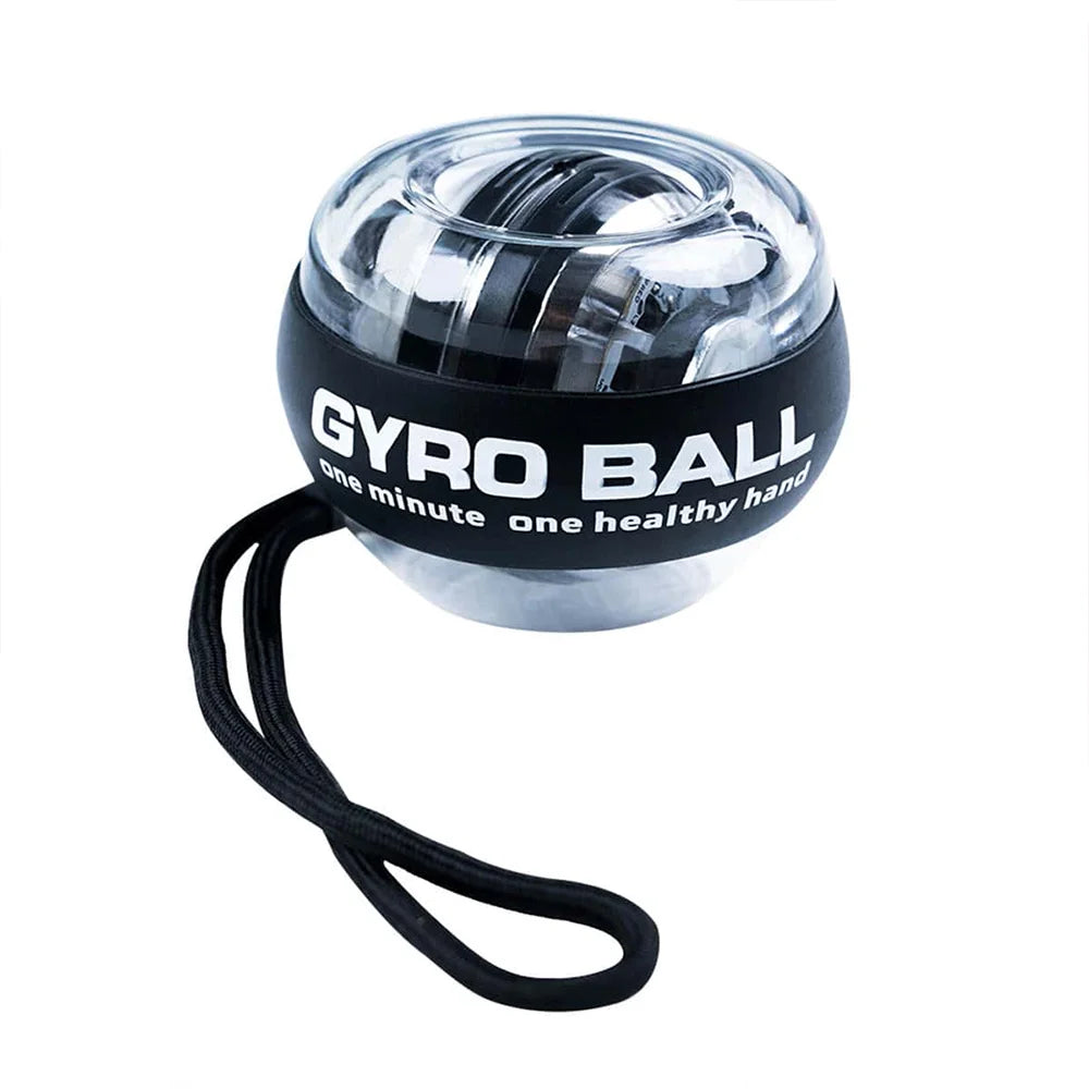 Chrome gyro force ball with black wrist strap, standalone product view