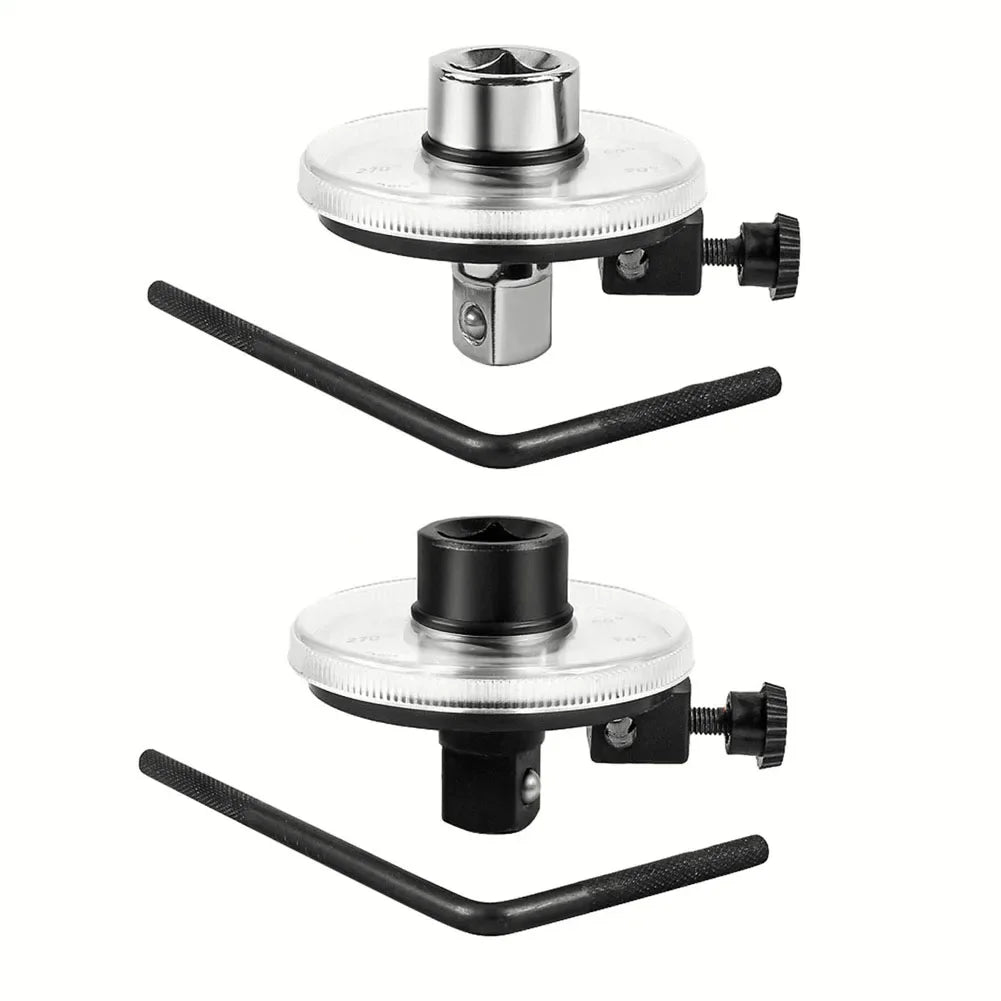 Torque meter dial wrench with silver disc base and black L-handle, two units