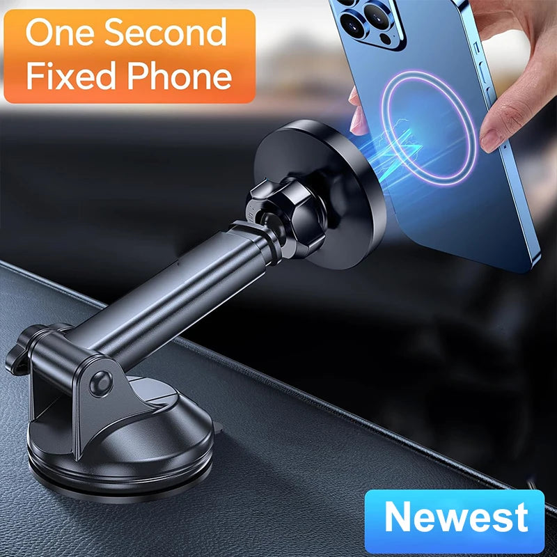 Black wireless car phone charger mount with fixed arm and suction base