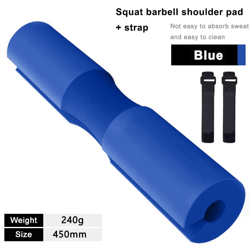 Blue barbell squat shoulder pad with foam center and adjustable strap