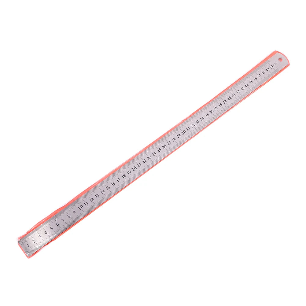 Red-edged stainless steel straight ruler with printed inch and cm measurement scale