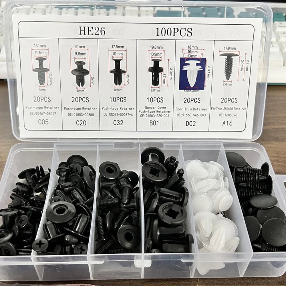 Auto fastener clip organizer case with mixed black and white retainer clips