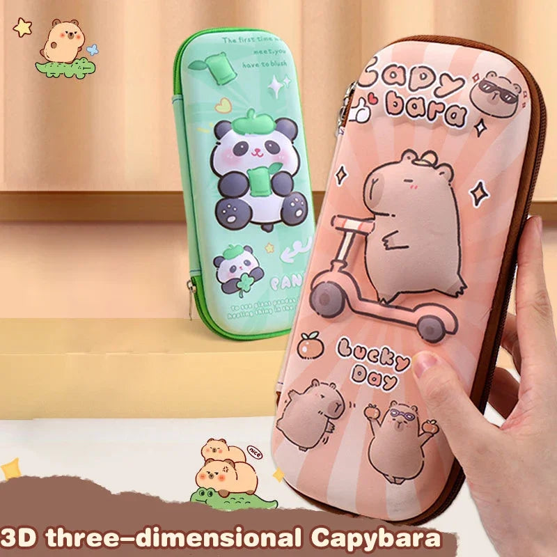 Pink capybara pencil pouch with brown trim, side zipper, and cute character artwork.