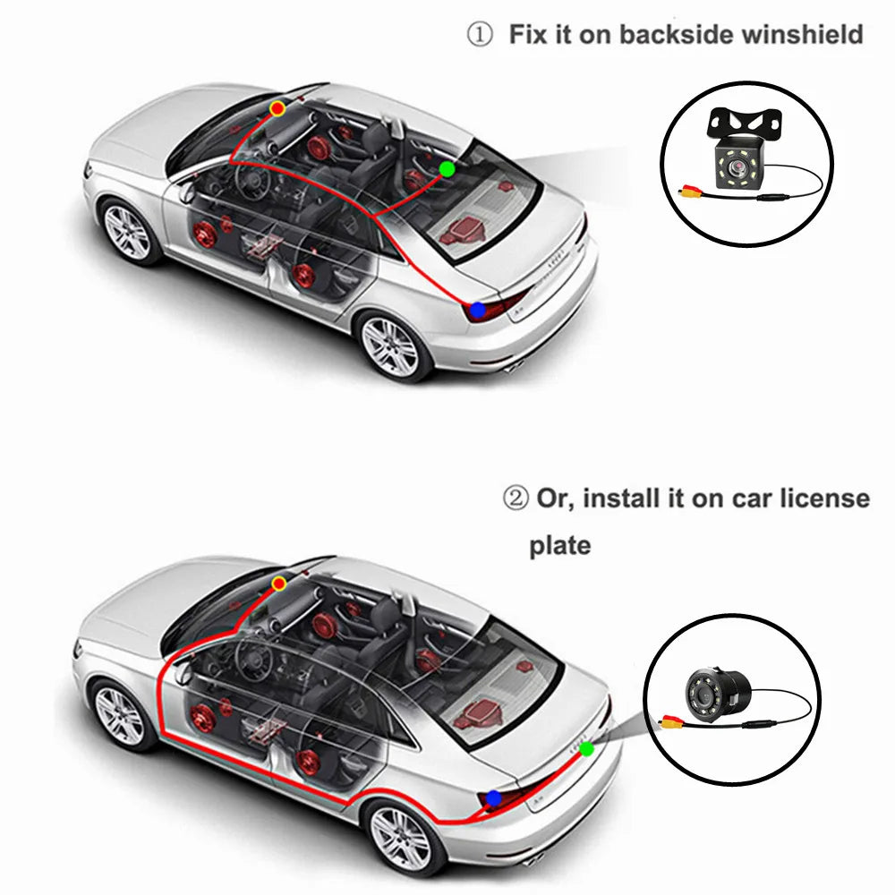 Car rear view camera installation diagram for rear windshield or license plate