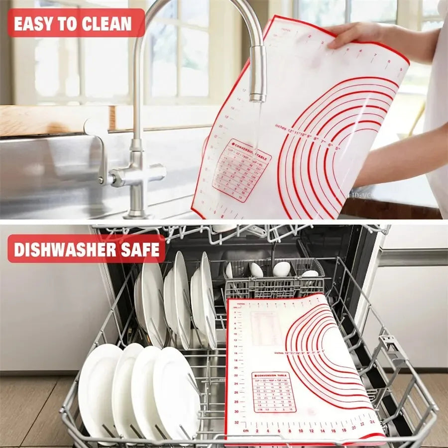 Silicone baking mat placed in dishwasher basket with red measuring rings