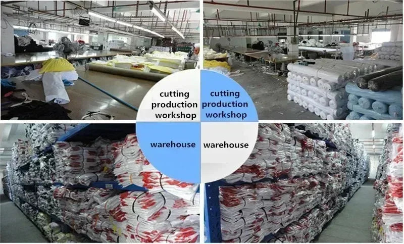 T-shirt production workshop with bundled fabric rolls in warehouse
