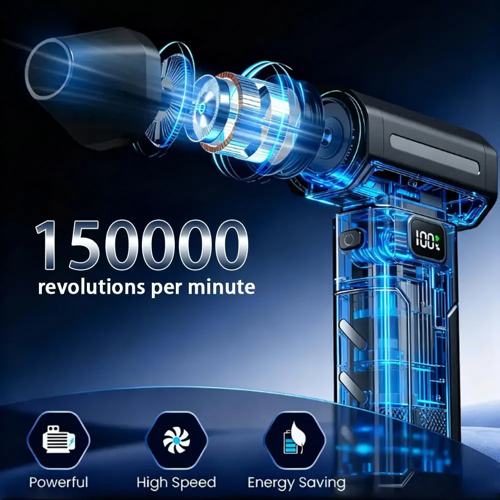 Black electric turbo fan blower with visible internal fan and blue airflow effects