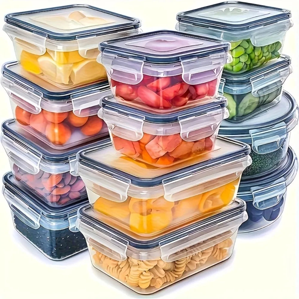Set of clear plastic airtight food containers with locking lids, stackable square shapes.