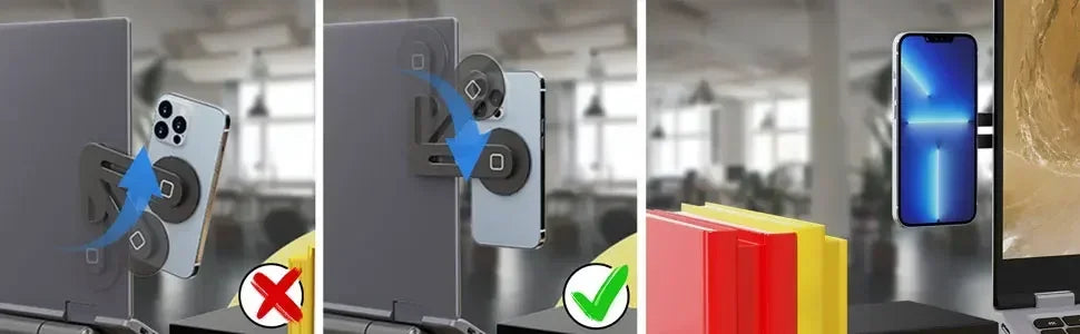 Magnetic phone holder aligned on a case with a mounted phone, showing correct use