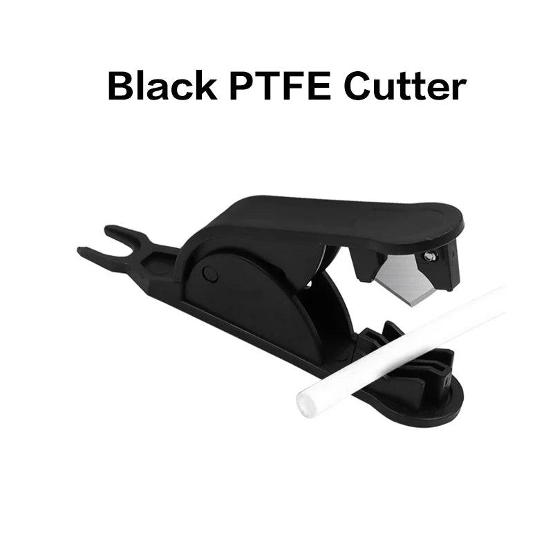 Black PTFE tube cutter tool with handle and cutting blade for tubing prep