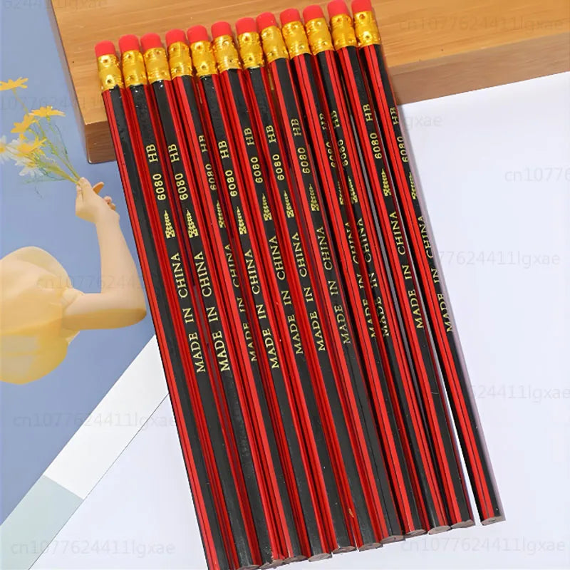 Tray display of red-and-black HB wooden sketch pencils with yellow caps.