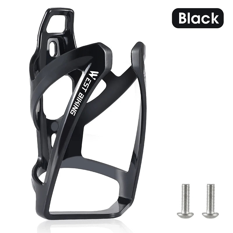 Black bicycle water bottle cage with mounting screws, slim lightweight plastic bracket