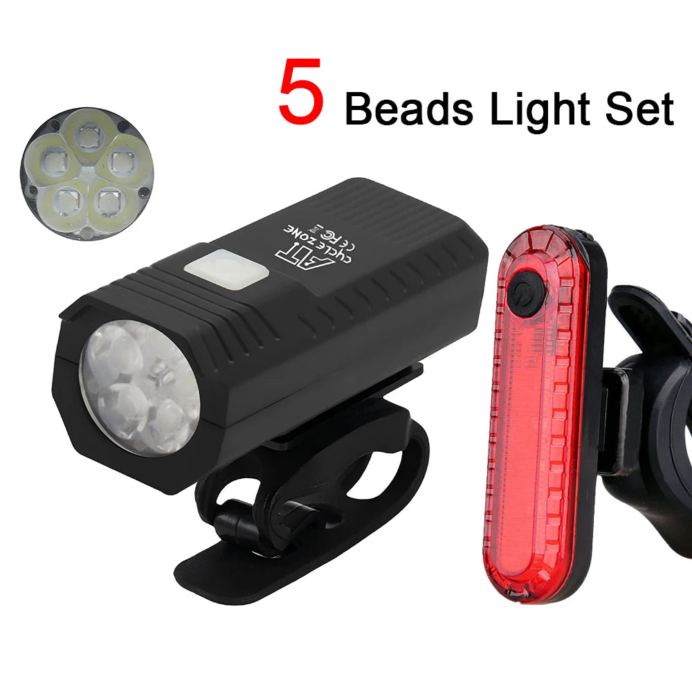 5-bead USB rechargeable bike light set with black headlight and red rear reflector