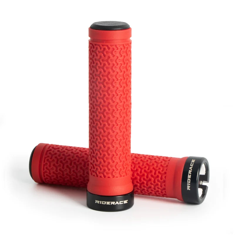 Red textured bike handlebar grips with locking end caps, single-side style