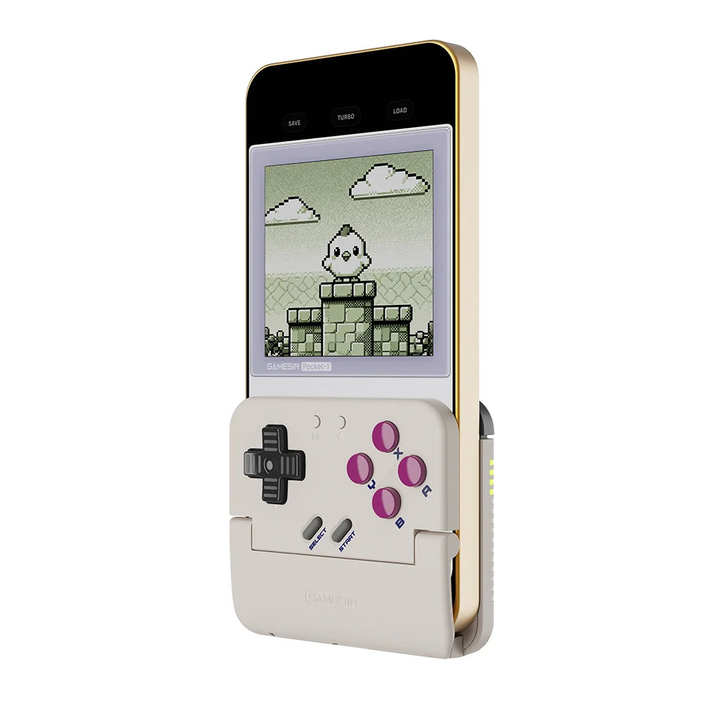 Pocket handheld controller with phone attached and purple button cluster on front
