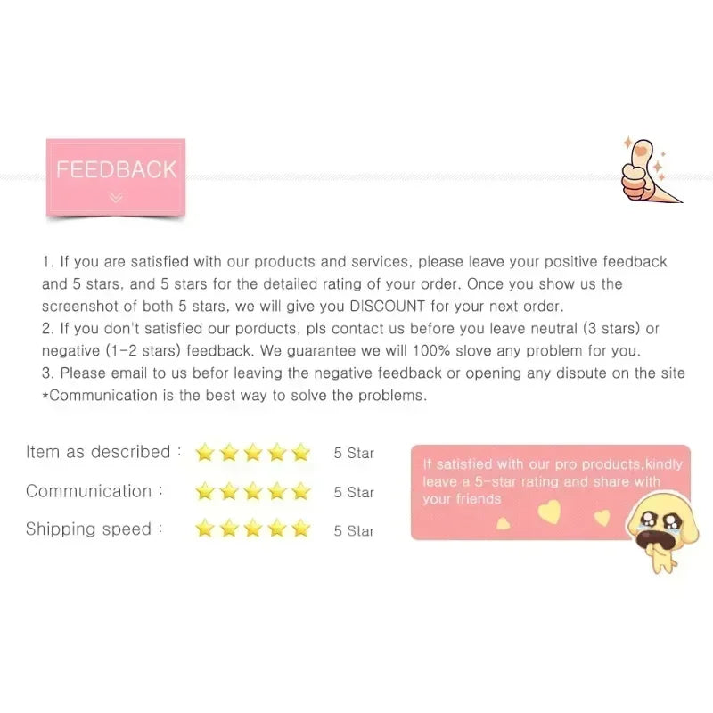 Customer feedback instructions screen with ratings and contact notes