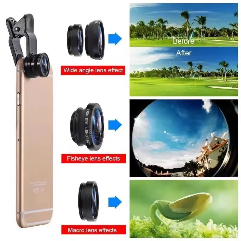 3-in-1 phone lens set shown on a smartphone with three lens types