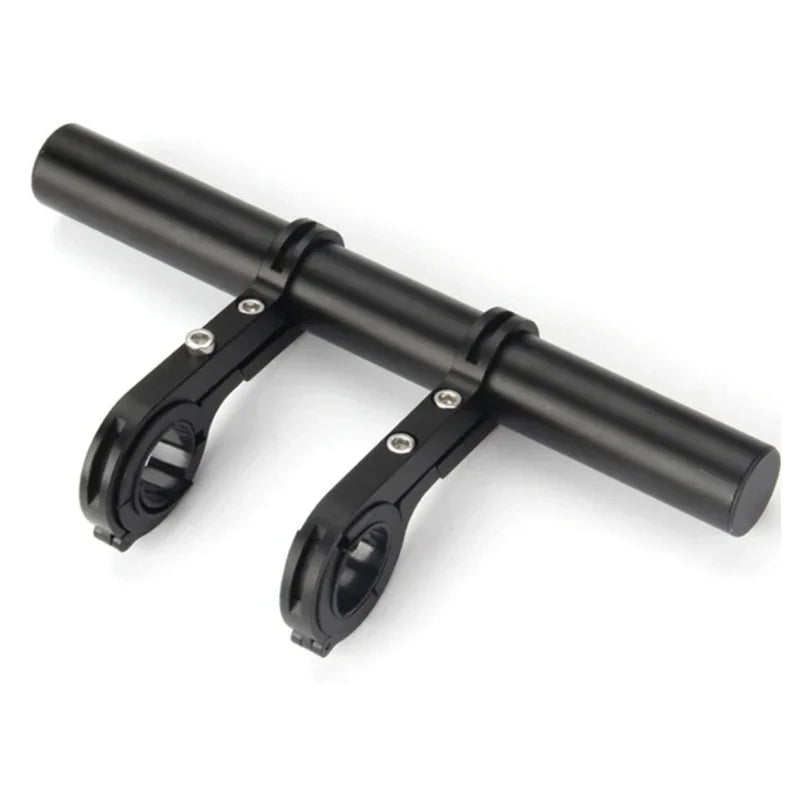 Black 20cm bicycle handlebar extender with dual clamp sockets and long center bar